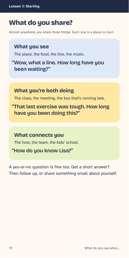 Page from lesson 1 about what you see, what you’re both doing and what connects you.