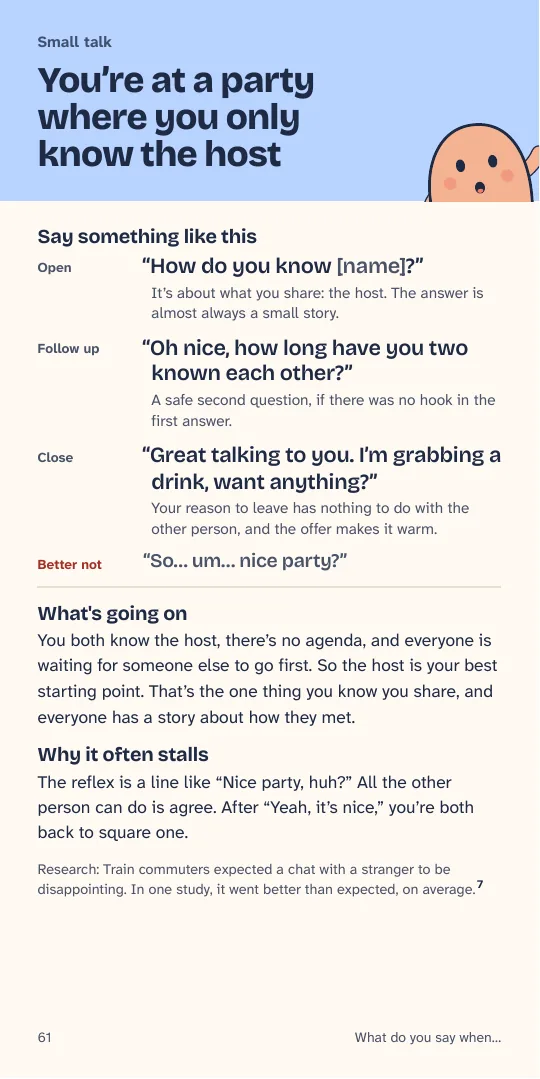 Page about a party where you only know the host, with three lines to say.