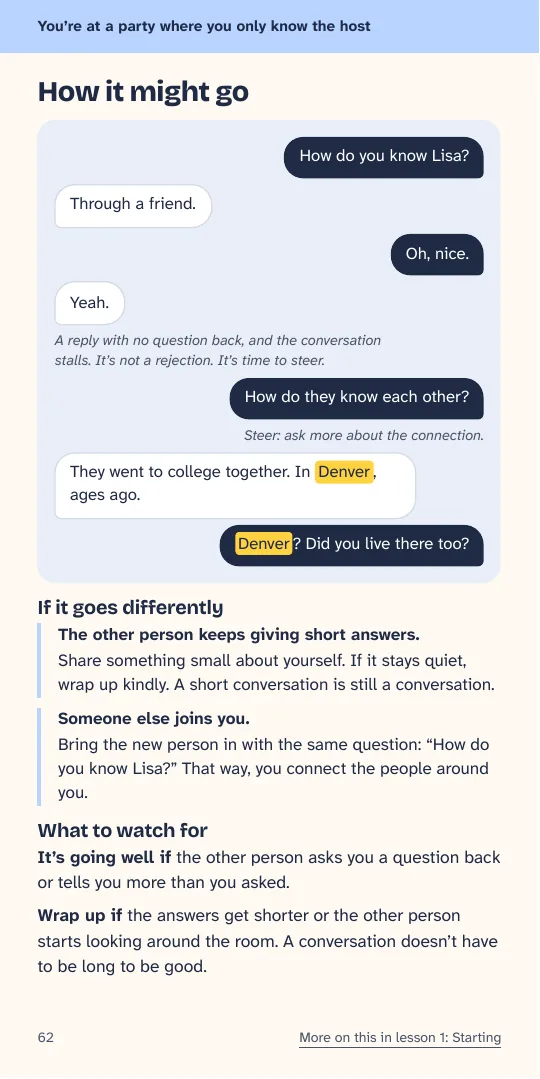 Example conversation in chat bubbles, with what to do if it goes differently.