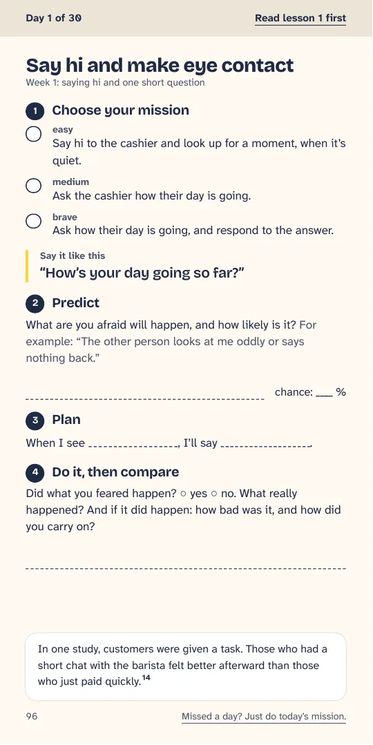 Page for day 1 with three levels: easy, medium and brave.